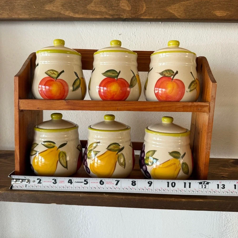ALCO Industries Fruit Canister Set of 6 w Wood Spice Rack Lidded Ceramic Kitchen